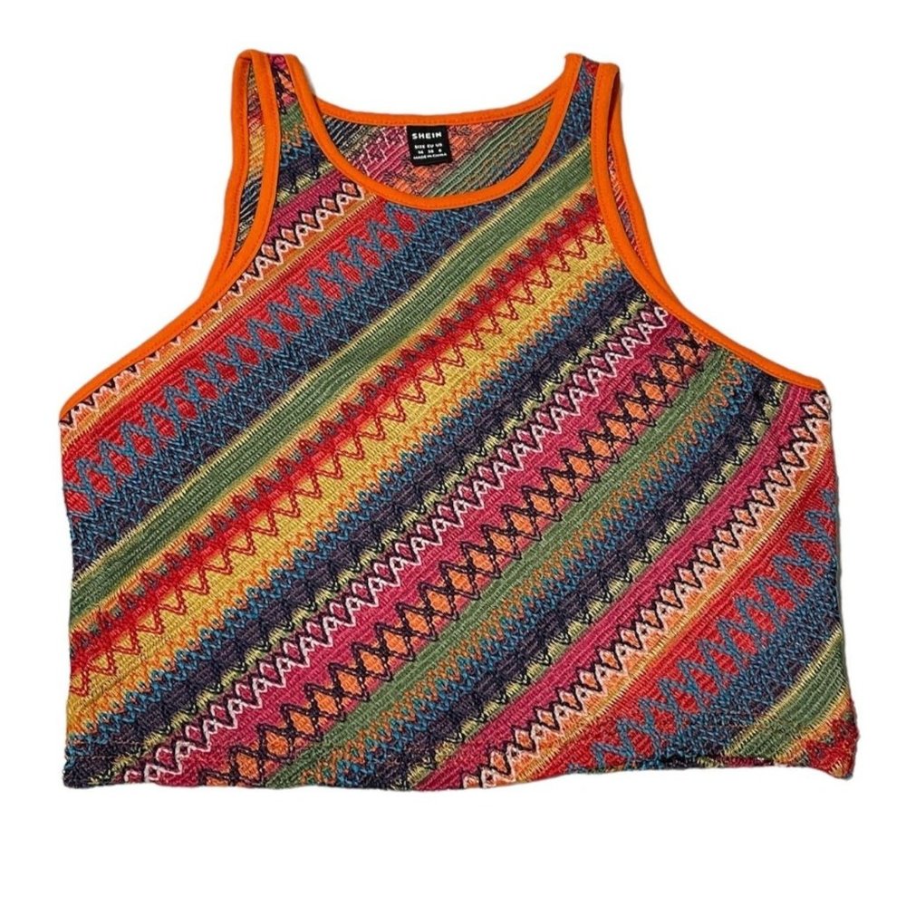 Shein Crop Tank Top Multicolor Geo Embroidery Round Neck Textured Womens Sz M